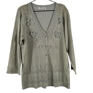 Vintage Plum Blossom Womens Green 100% Silk Button Front Cardigan Sweater Sz XXL